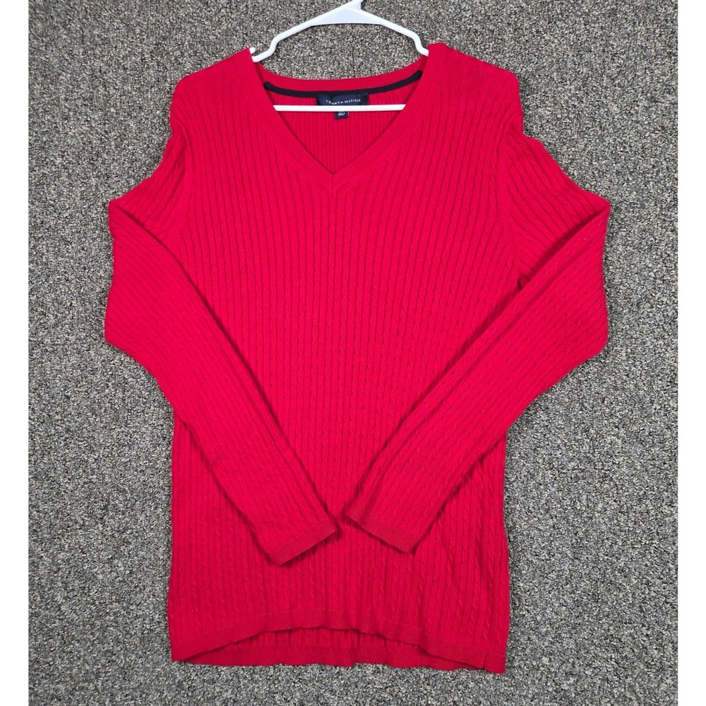 Tommy Hilfiger Sweater Women Large Red V-Neck Cable Knit Cotton Long‎ Sleeve